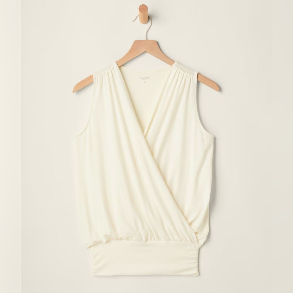 Garnet Hill Essential Banded Surplice Knit Tank Sleeveless Wrap Top Large Crema